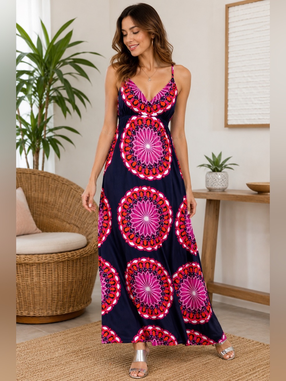 INC International Concepts Navy Dress with Pink & Red Medallion Print